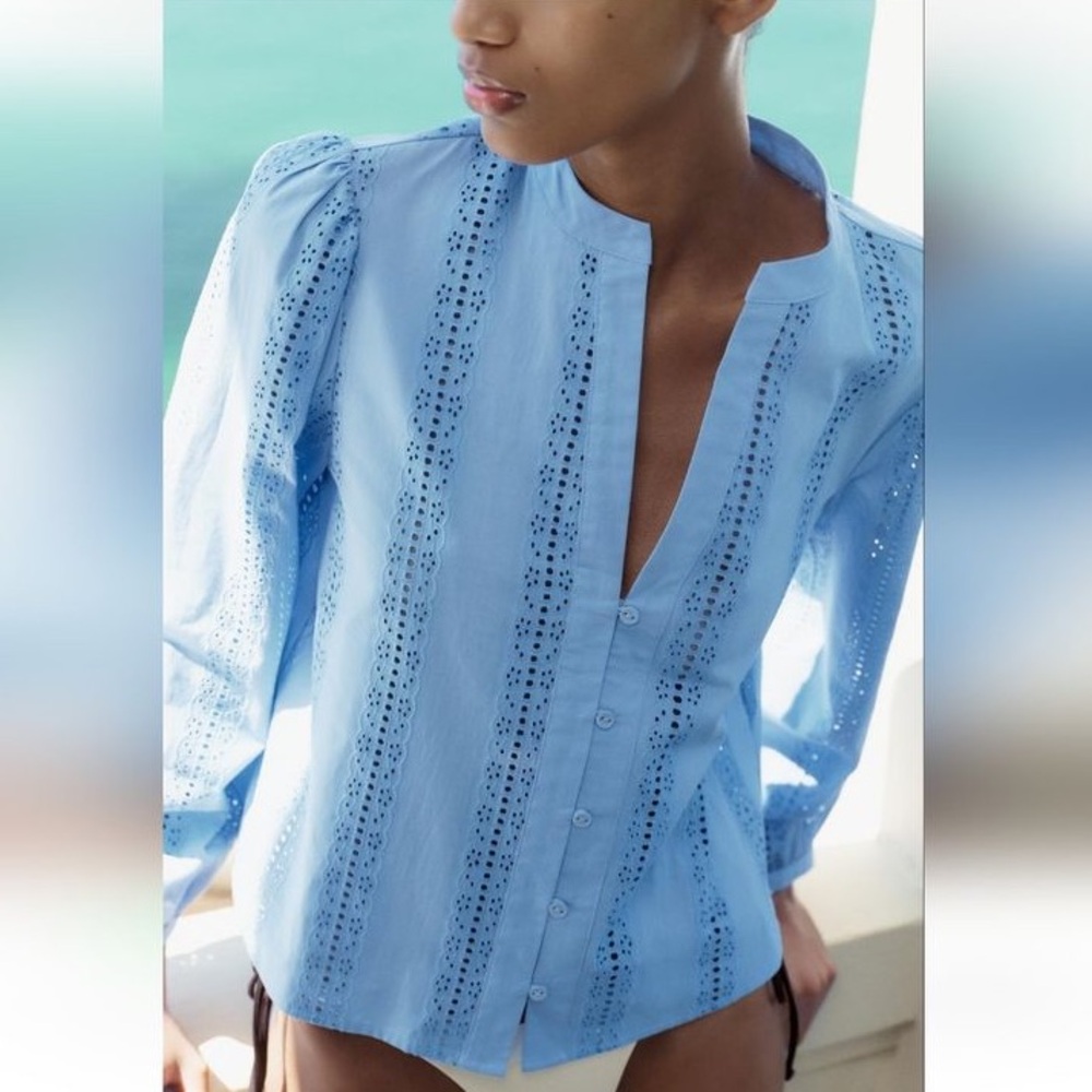 ZARA Blue Embroidered Eyelet Blouse